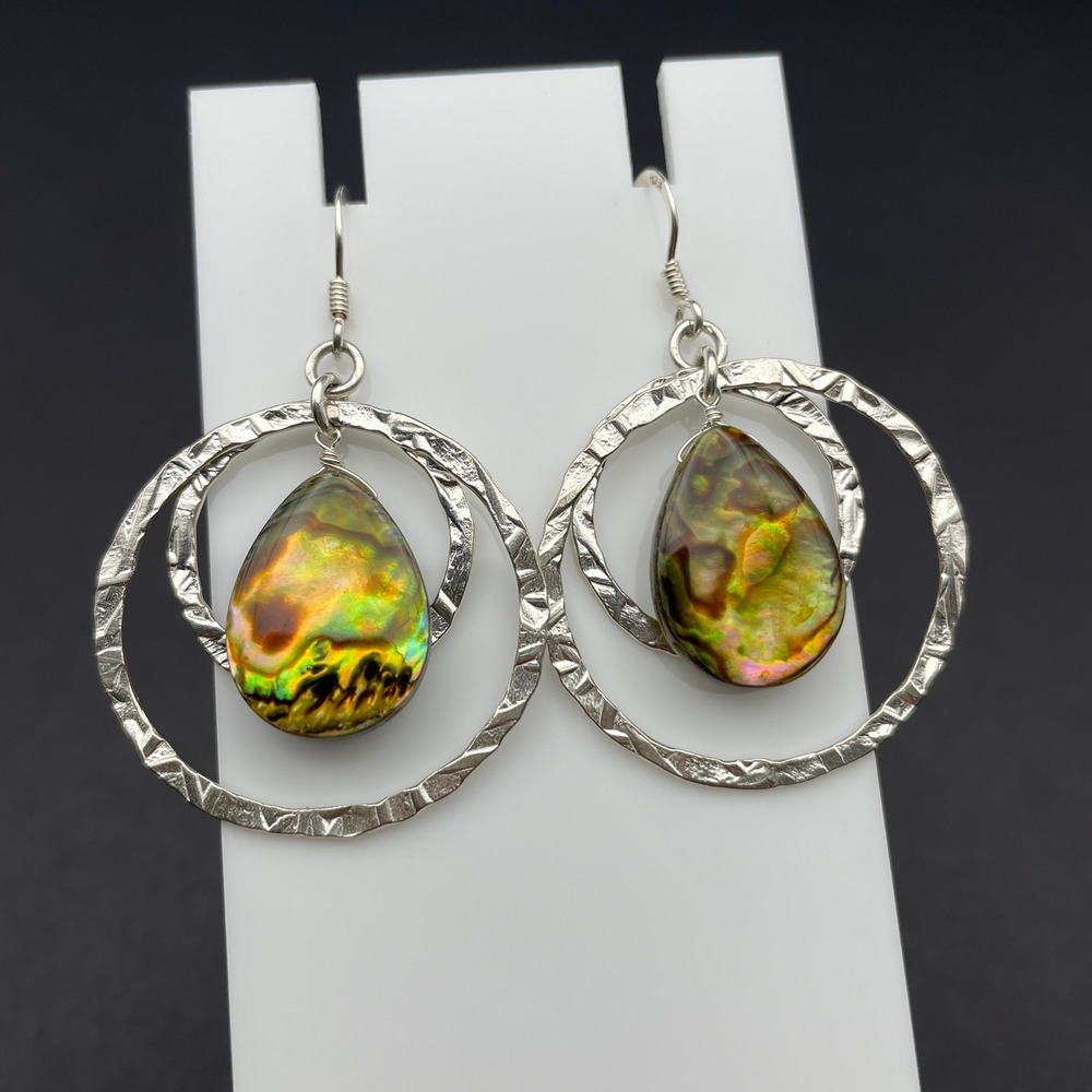 Sterling Silver Abalone Shell Hoop Dangle Earrings Boho Beachy Earrings - Picture 5 of 8